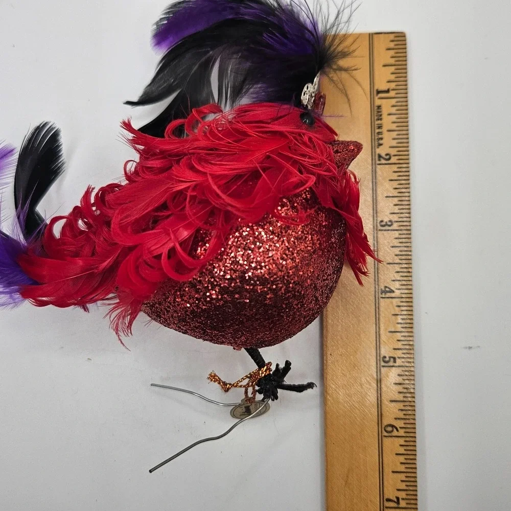 Katherine's Collection Red Feather Bird Ornament Glitter Crown Black Purple‎